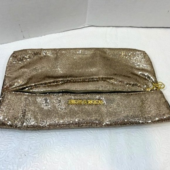 Victoria's Secret Gold Sequin Zip Purse Clutch/Make Up Cosmetic Bag w/Mirror - Picture 2 of 6